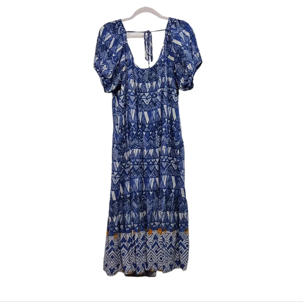 Knox Rose Puff Short Sleeve Tiered Dress Blue Paisley Beach Prairie Size L - Picture 2 of 10